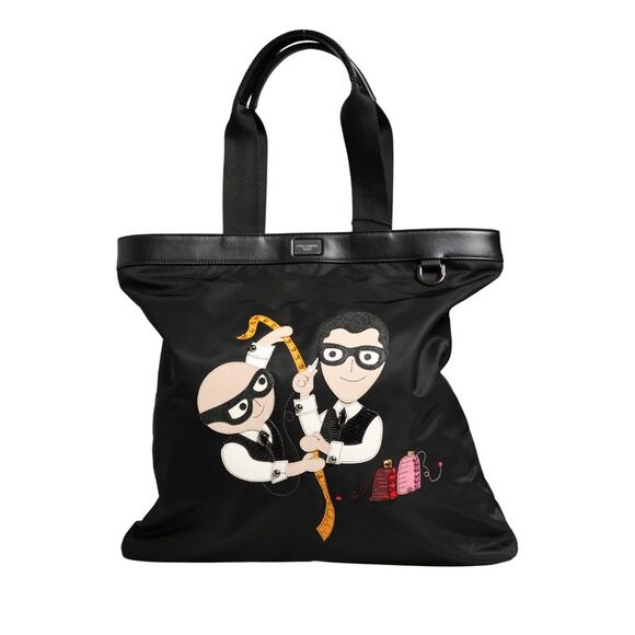 Dolce & Gabbana Black Leather #DGFamily Patch Shopping Tote Borse Women's Bag